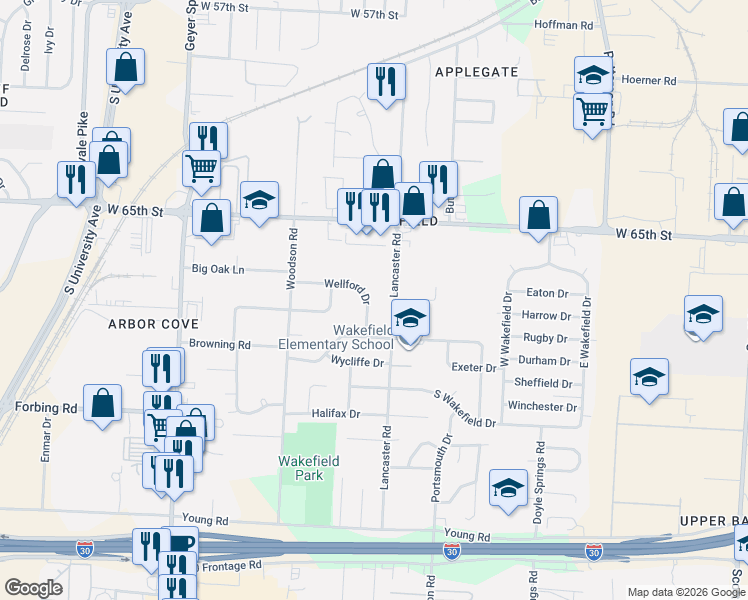 map of restaurants, bars, coffee shops, grocery stores, and more near 12 Wellford Drive in Little Rock