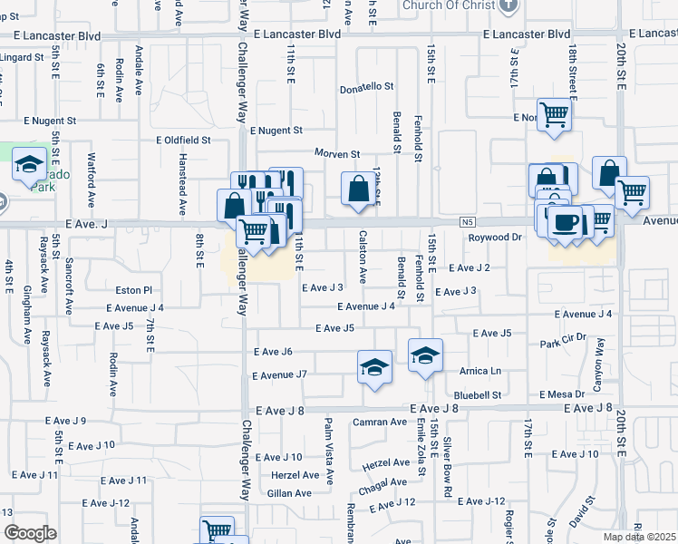 map of restaurants, bars, coffee shops, grocery stores, and more near 44247 12th Street East in Lancaster