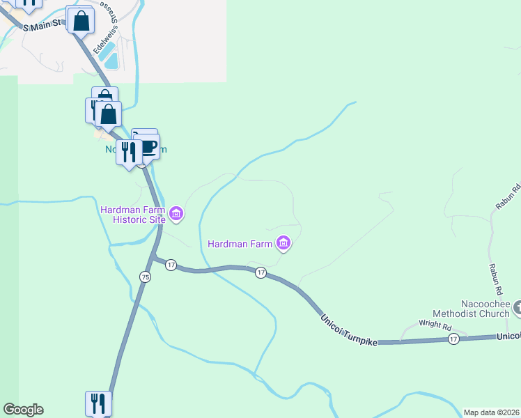 map of restaurants, bars, coffee shops, grocery stores, and more near 47 Wingo Drive in Sautee Nacoochee