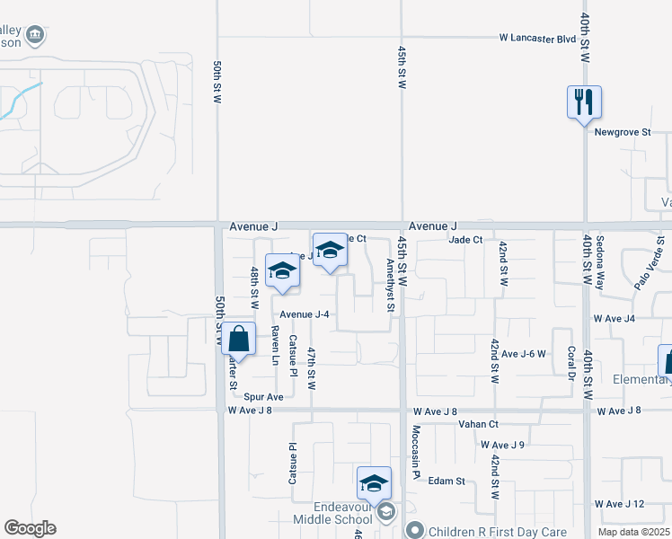 map of restaurants, bars, coffee shops, grocery stores, and more near 4625 Avenue J-2 in Lancaster