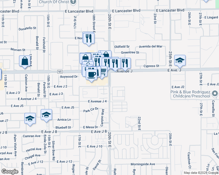 map of restaurants, bars, coffee shops, grocery stores, and more near 44214 20th Street East in Lancaster