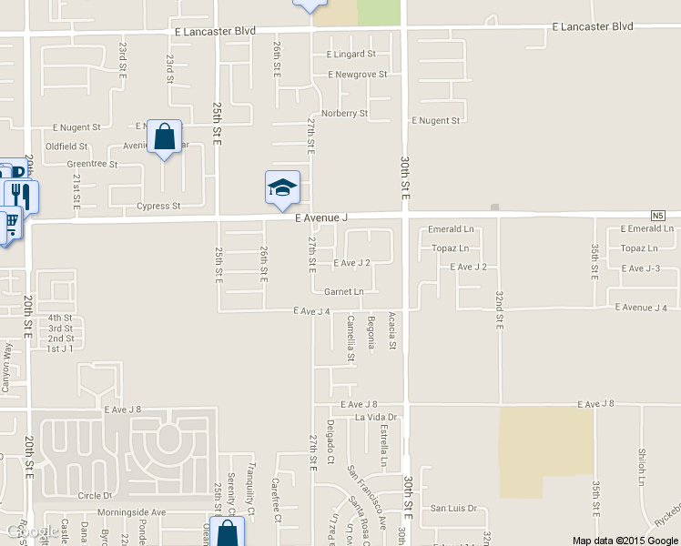 map of restaurants, bars, coffee shops, grocery stores, and more near 44256 Dahlia Street in Lancaster