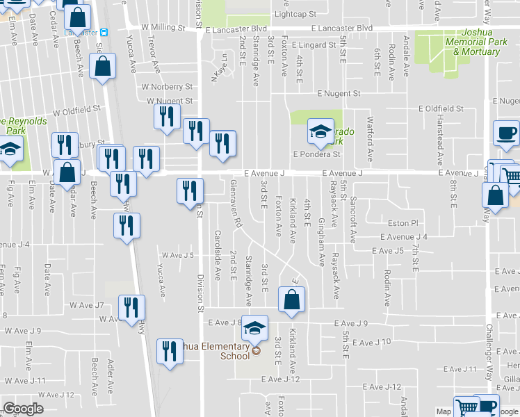 map of restaurants, bars, coffee shops, grocery stores, and more near 44325 3rd Street East in Lancaster