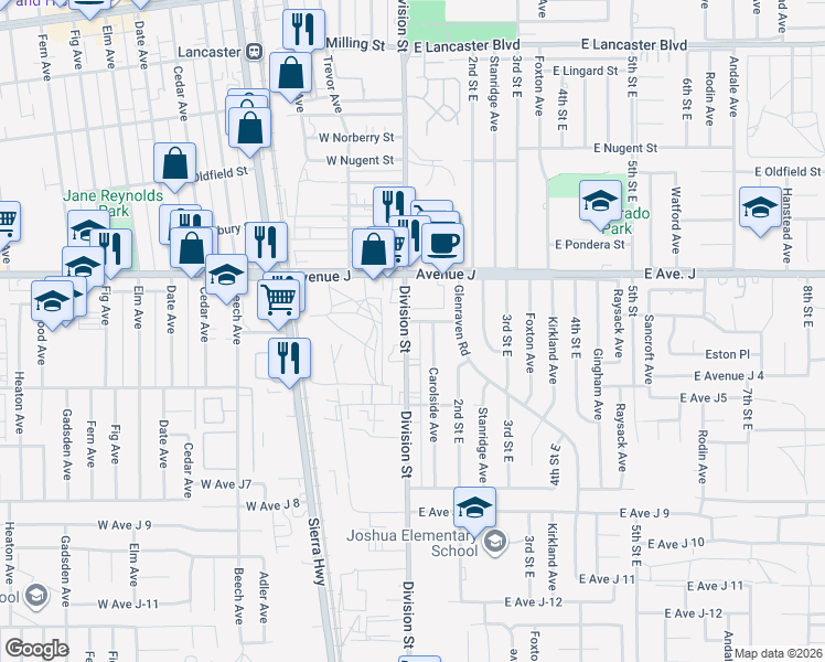 map of restaurants, bars, coffee shops, grocery stores, and more near 44277 Carolside Avenue in Lancaster