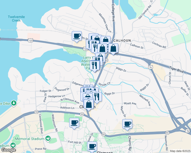 map of restaurants, bars, coffee shops, grocery stores, and more near 405 College Avenue in Clemson