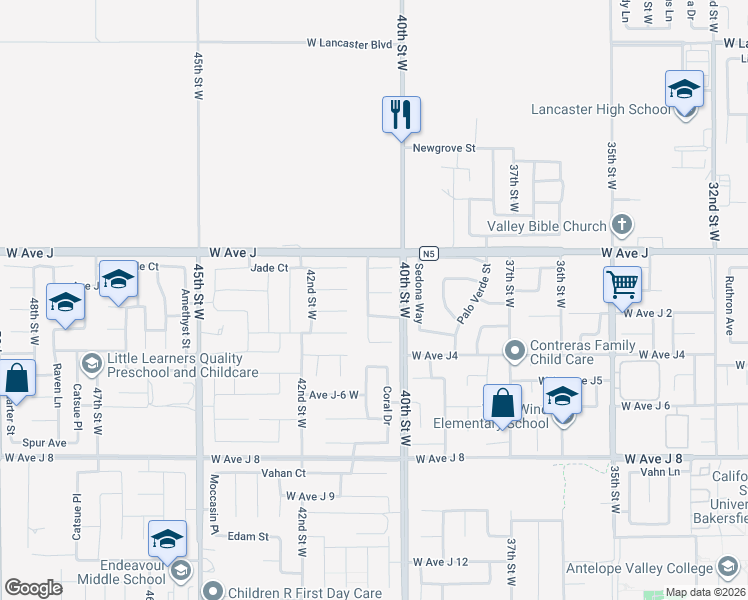 map of restaurants, bars, coffee shops, grocery stores, and more near 44249 Westridge Drive in Lancaster