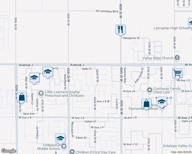 map of restaurants, bars, coffee shops, grocery stores, and more near 44311 42nd Street West in Lancaster