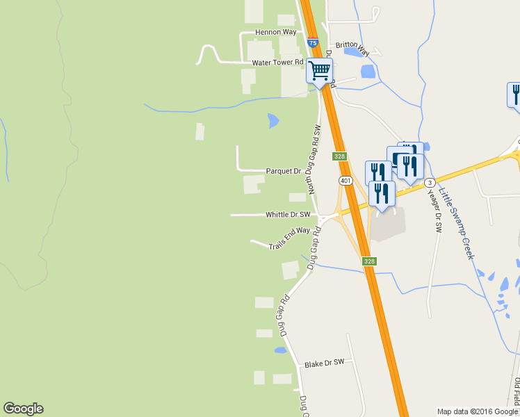 map of restaurants, bars, coffee shops, grocery stores, and more near 1150 Whittle Drive Southwest in Dalton