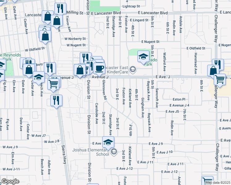 map of restaurants, bars, coffee shops, grocery stores, and more near 44325 3rd Street East in Lancaster