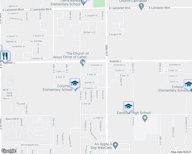 map of restaurants, bars, coffee shops, grocery stores, and more near 44253 Begonia Street in Lancaster