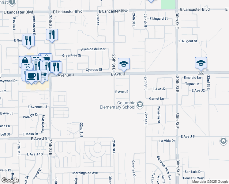 map of restaurants, bars, coffee shops, grocery stores, and more near East Avenue J2 in Lancaster