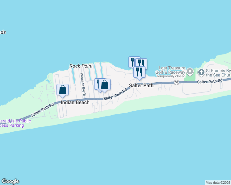 map of restaurants, bars, coffee shops, grocery stores, and more near 1340 Salter Path Road in Salter Path