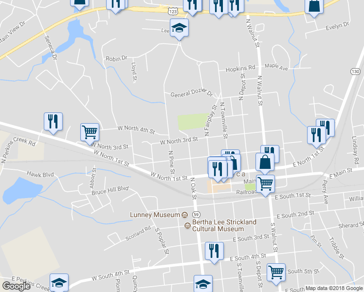 map of restaurants, bars, coffee shops, grocery stores, and more near 211 West North 3rd Street in Seneca