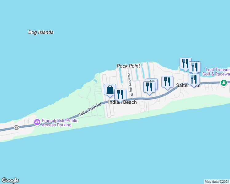 map of restaurants, bars, coffee shops, grocery stores, and more near 1550 Salter Path Road in Atlantic Beach