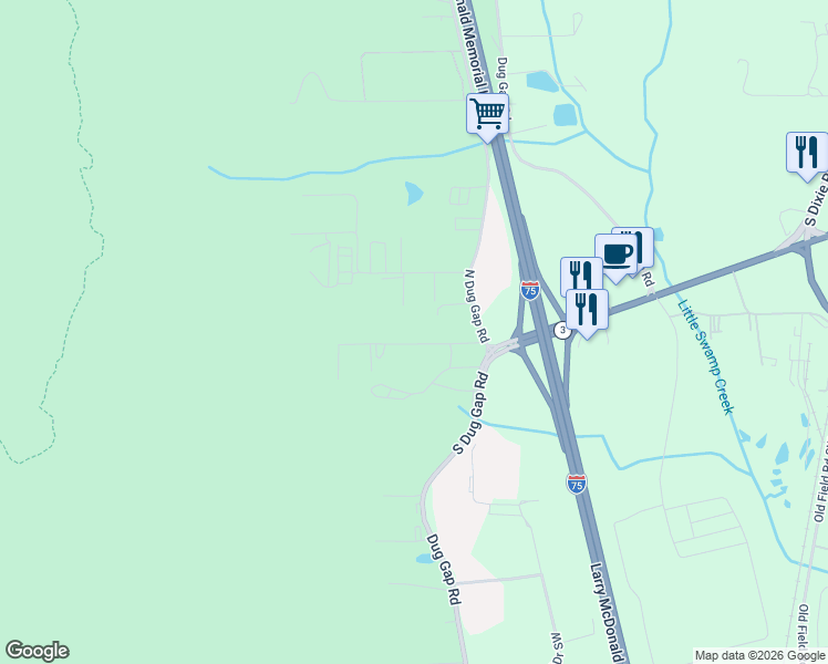 map of restaurants, bars, coffee shops, grocery stores, and more near 1138 Whittle Drive Southwest in Dalton