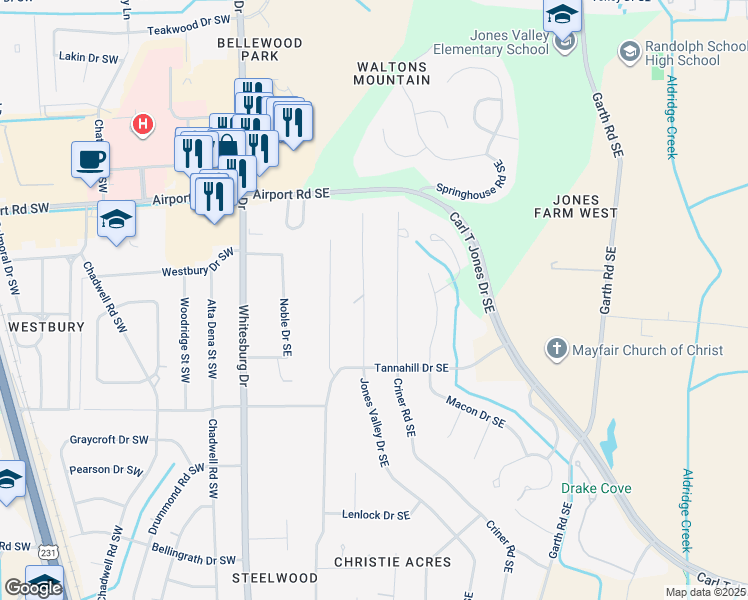 map of restaurants, bars, coffee shops, grocery stores, and more near 5716 Criner Road Southeast in Huntsville