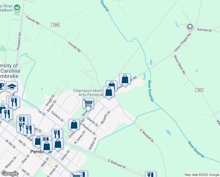 map of restaurants, bars, coffee shops, grocery stores, and more near 621 Union Chapel Road in Pembroke