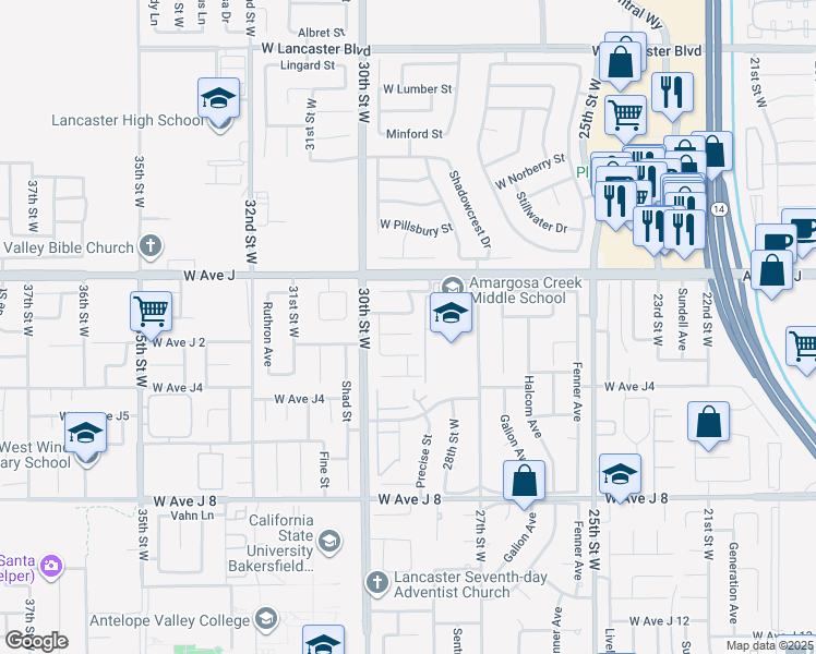 map of restaurants, bars, coffee shops, grocery stores, and more near 2809 Gershwin Drive in Lancaster