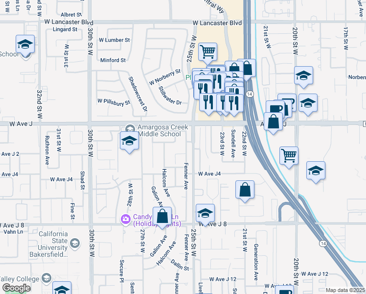map of restaurants, bars, coffee shops, grocery stores, and more near 2533 Lawrence Avenue in Lancaster