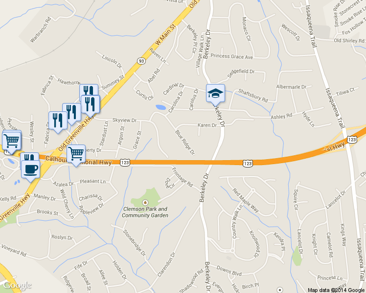 map of restaurants, bars, coffee shops, grocery stores, and more near 206 Blue Ridge Drive in Clemson