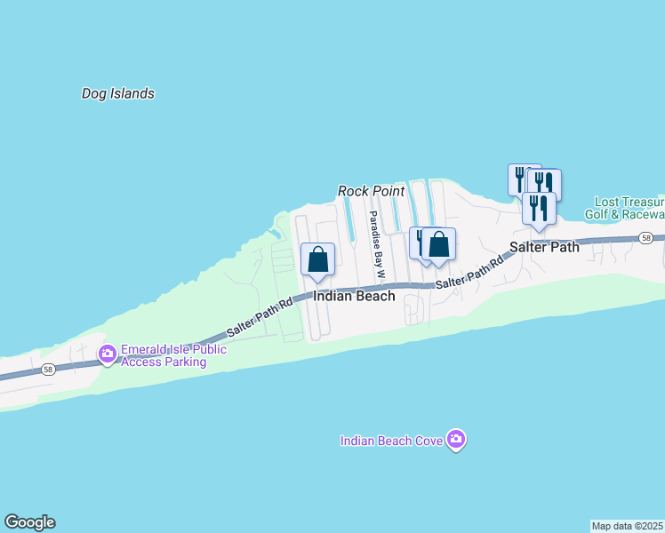 map of restaurants, bars, coffee shops, grocery stores, and more near 1550 Salter Path Road in Indian Beach