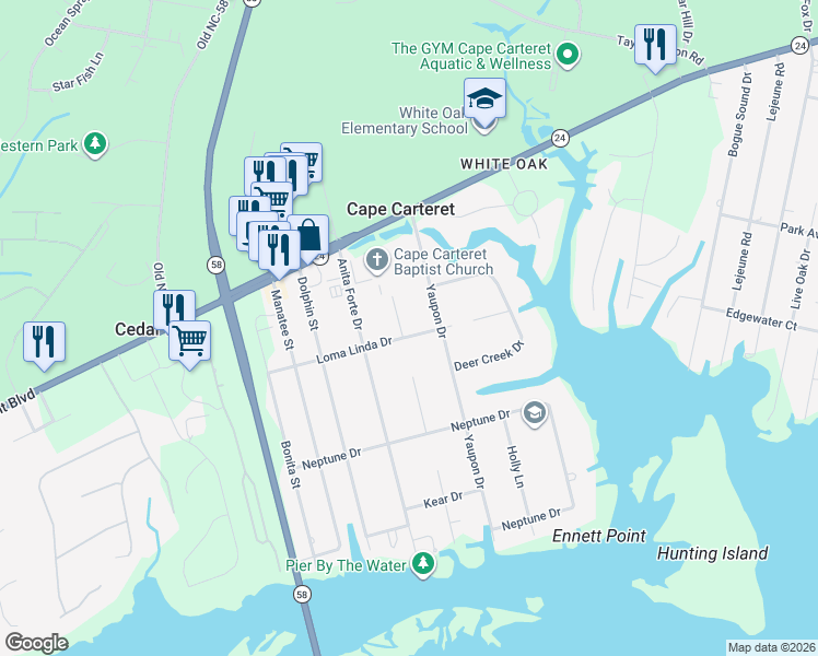 map of restaurants, bars, coffee shops, grocery stores, and more near 407 Loma Linda Drive in Cape Carteret