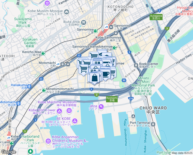 map of restaurants, bars, coffee shops, grocery stores, and more near in Kobe