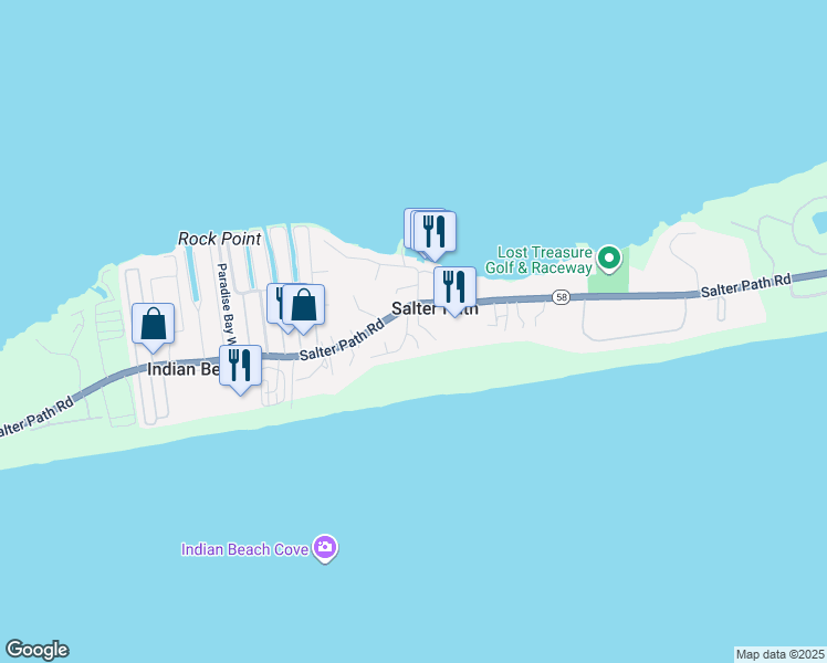 map of restaurants, bars, coffee shops, grocery stores, and more near 111 Sea Shell Lane in Atlantic Beach