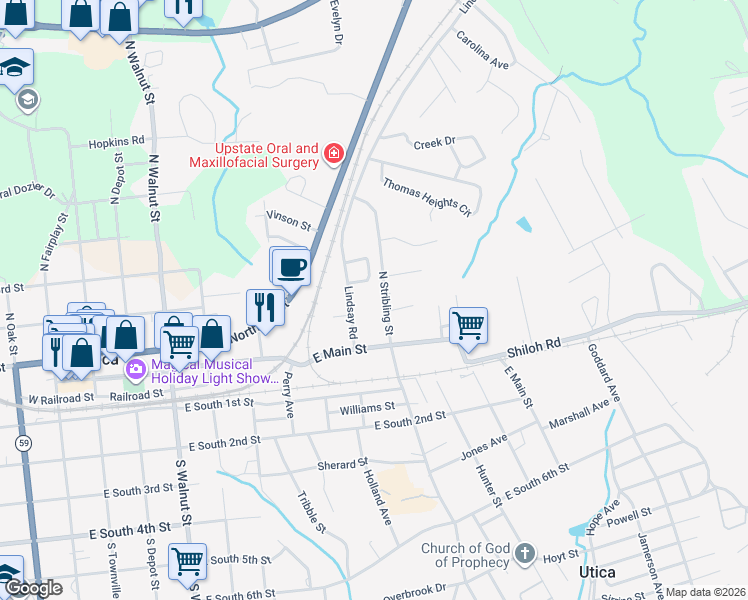 map of restaurants, bars, coffee shops, grocery stores, and more near 115 North Stribling Street in Seneca