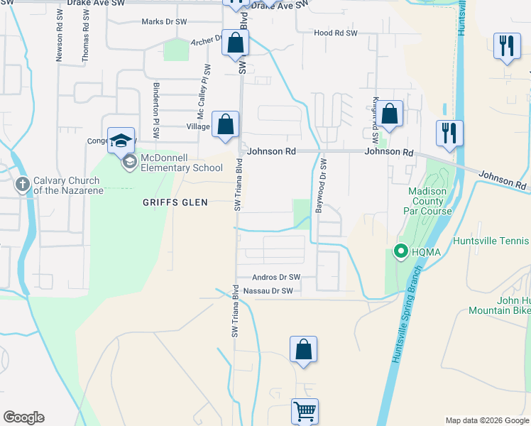 map of restaurants, bars, coffee shops, grocery stores, and more near 3103 Chelsea Lane Southwest in Huntsville