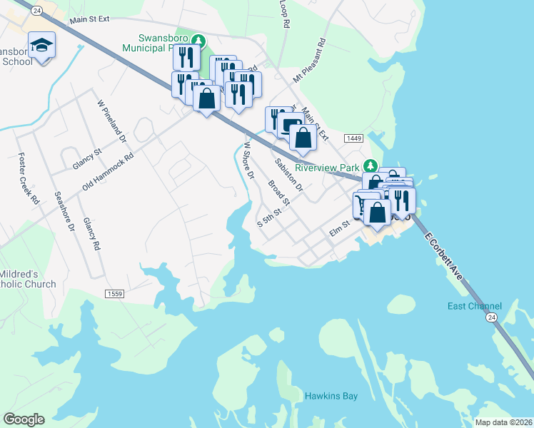 map of restaurants, bars, coffee shops, grocery stores, and more near 505 West Spring Street in Swansboro