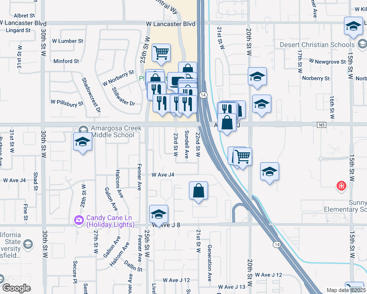 map of restaurants, bars, coffee shops, grocery stores, and more near 44255 Sundell Avenue in Lancaster