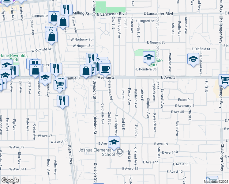 map of restaurants, bars, coffee shops, grocery stores, and more near 44347 Stanridge Avenue in Lancaster