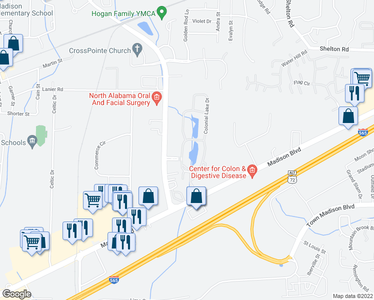 map of restaurants, bars, coffee shops, grocery stores, and more near 2100 Colonial Lake Drive in Madison