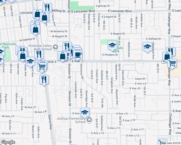 map of restaurants, bars, coffee shops, grocery stores, and more near 44319 3rd Street East in Lancaster
