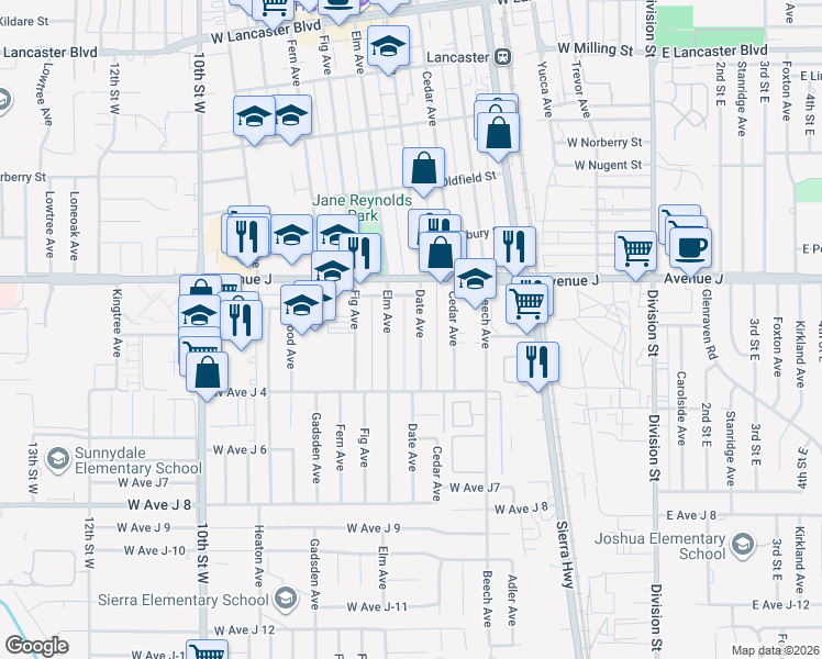 map of restaurants, bars, coffee shops, grocery stores, and more near 44259 Date Avenue in Lancaster