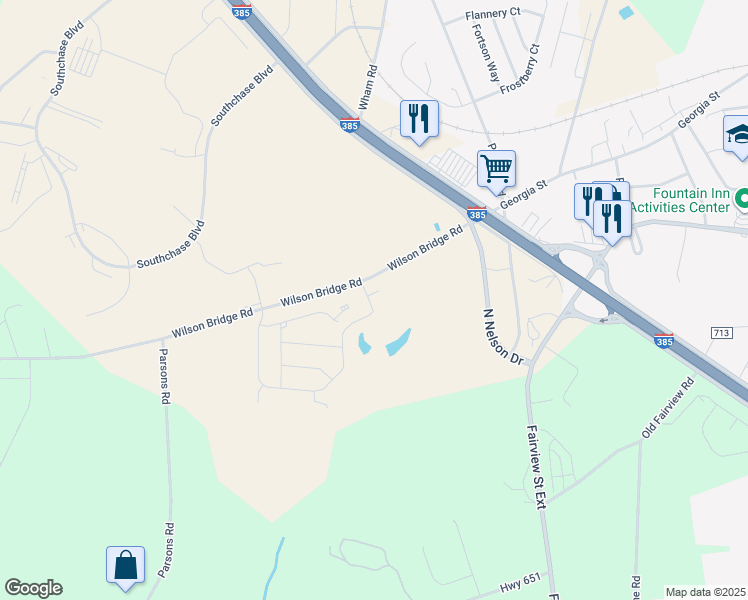 map of restaurants, bars, coffee shops, grocery stores, and more near 119 Wilson Bridge Road in Fountain Inn