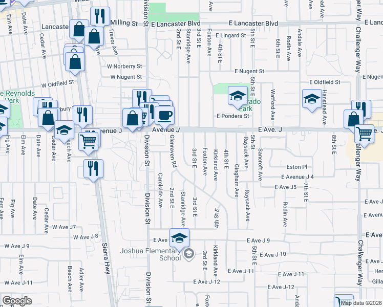 map of restaurants, bars, coffee shops, grocery stores, and more near 44329 3rd Street East in Lancaster