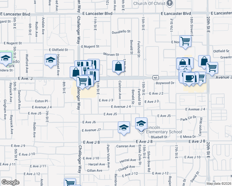 map of restaurants, bars, coffee shops, grocery stores, and more near East Avenue E-12 in Los Angeles County