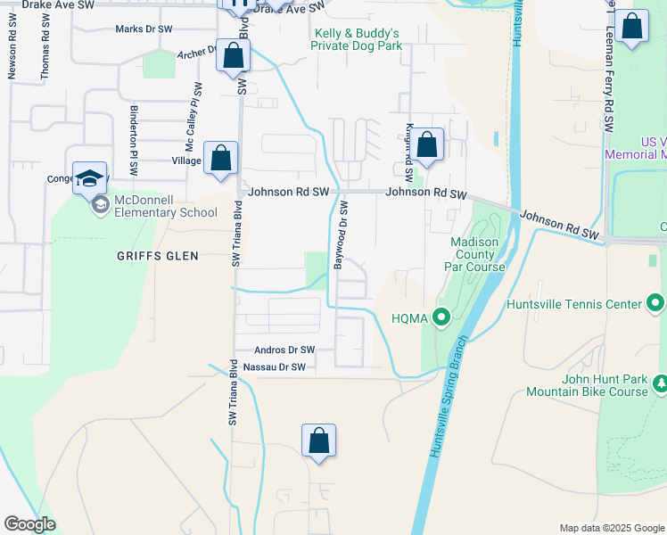 map of restaurants, bars, coffee shops, grocery stores, and more near 4331 Baywood Drive Southwest in Huntsville