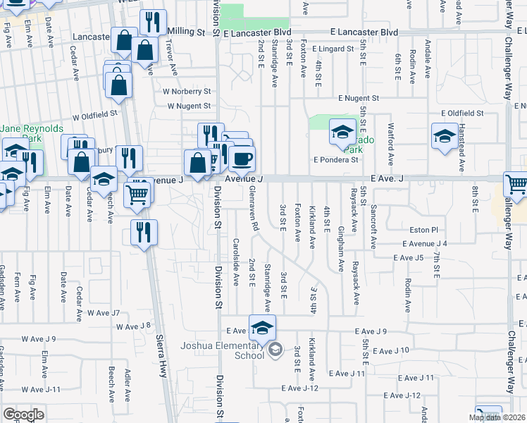 map of restaurants, bars, coffee shops, grocery stores, and more near 44347 Stanridge Avenue in Lancaster