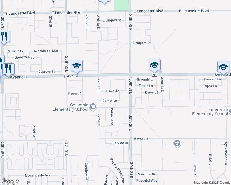 map of restaurants, bars, coffee shops, grocery stores, and more near 44247 Begonia Street in Lancaster