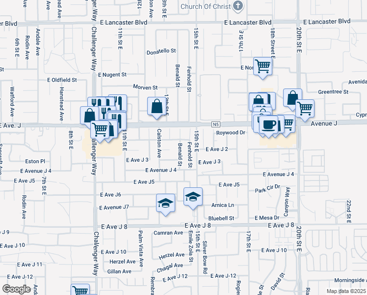map of restaurants, bars, coffee shops, grocery stores, and more near 44300 Benald Street in Lancaster