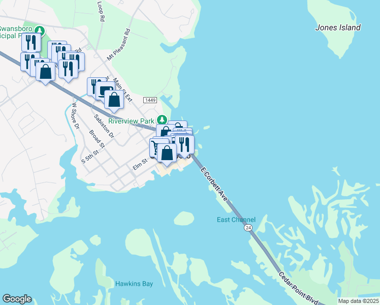 map of restaurants, bars, coffee shops, grocery stores, and more near 109 Front Street in Swansboro