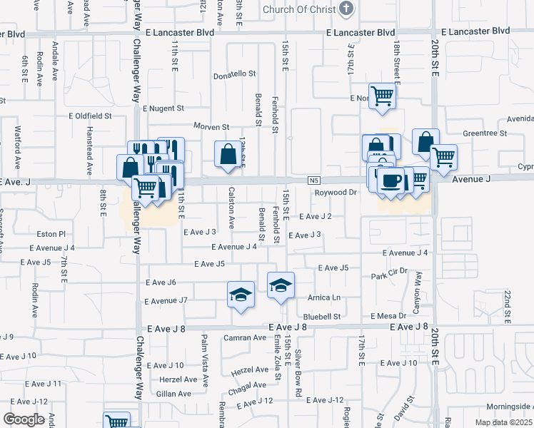 map of restaurants, bars, coffee shops, grocery stores, and more near 44300 Benald Street in Lancaster