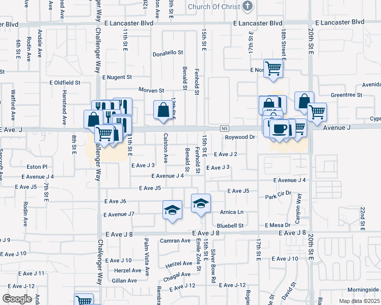 map of restaurants, bars, coffee shops, grocery stores, and more near 44300 Benald Street in Lancaster
