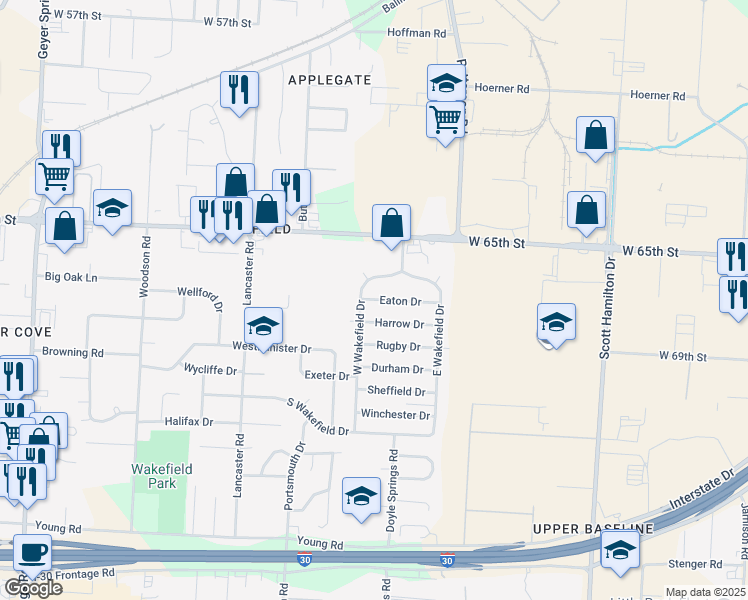 map of restaurants, bars, coffee shops, grocery stores, and more near 6806 West Wakefield Drive in Little Rock