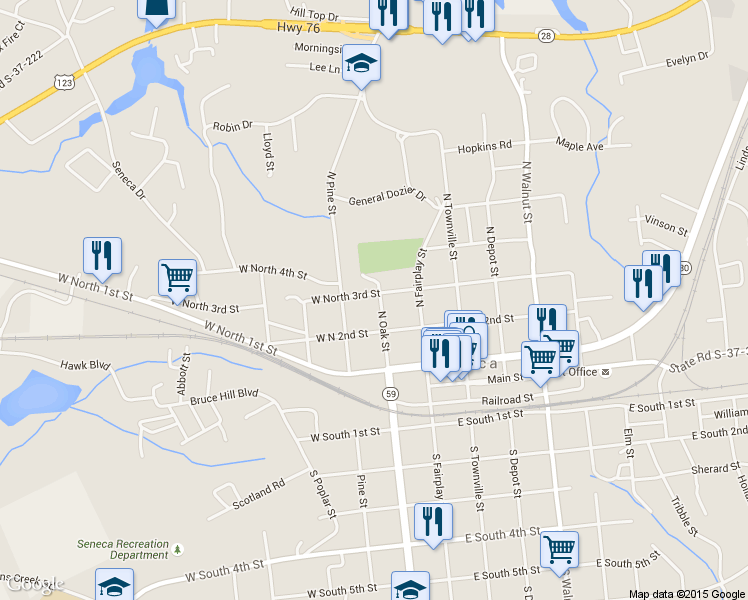 map of restaurants, bars, coffee shops, grocery stores, and more near 201 West North 3rd Street in Seneca