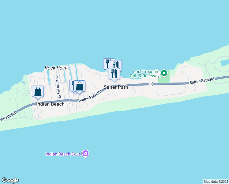 map of restaurants, bars, coffee shops, grocery stores, and more near 141 Beach Hill Lane in Salter Path
