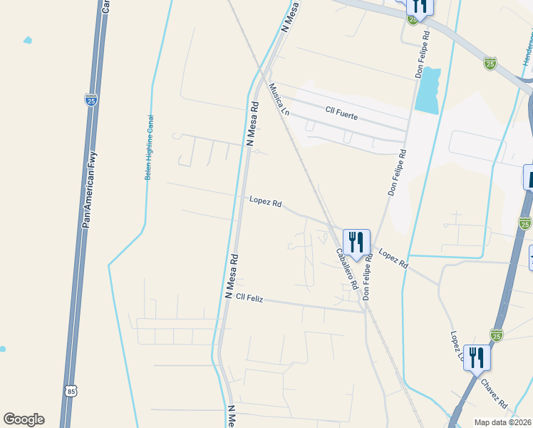 map of restaurants, bars, coffee shops, grocery stores, and more near 1504 North Mesa Road in Belen